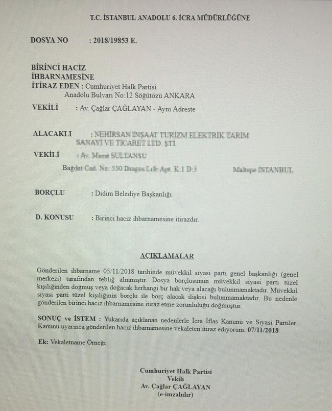 CHP’li Didim Belediyesi hacizden sonra da 1 milyon 405 bin lira olan borcunu ödemedi